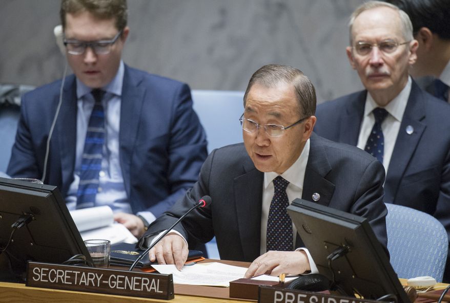 In this Wednesday, Nov. 30, 2016, photo provided by the United Nations, U.N. Secretary General Ban Ki-moon speaks during a Security Council meeting at U.N. headquarters. The council voted Wednesday to further tighten sanctions on North Korea in response to their fifth and largest nuclear test yet. "The Security Council has today taken strong action on one of the most enduring and pressing peace and security challenges of our time: the nuclear and ballistic missile activities of the Democratic People's Republic of Korea. I welcome the unanimous adoption of this new resolution," the Secretary General, who is South Korean, said, referring to North Korea by its full name. (Rick Bajornas/United Nations via AP)