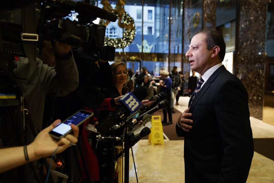 United States Attorney General for the Southern District of New York Preet Bharara speaks with reporters at Trump Tower, Wednesday, Nov. 30, 2016, in New York. (AP Photo/Evan Vucci)