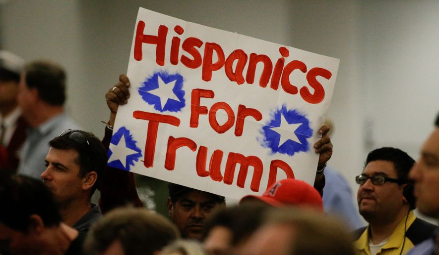 A Hispanic supporter holds up a sign for then-Republican presidential candidate Donald Trump during a rally at the Anaheim Convention Center, Wednesday, May 25, 2016, in Anaheim, Calif. (AP Photo/Jae C. Hong) ** FILE **