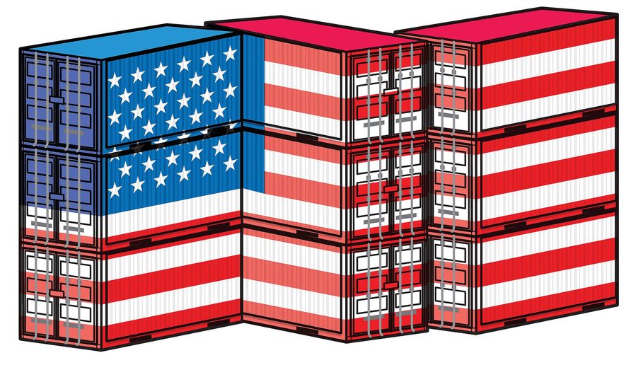Illustration on the promotion of U.S. trade by Linas Garsys/The Washington Times