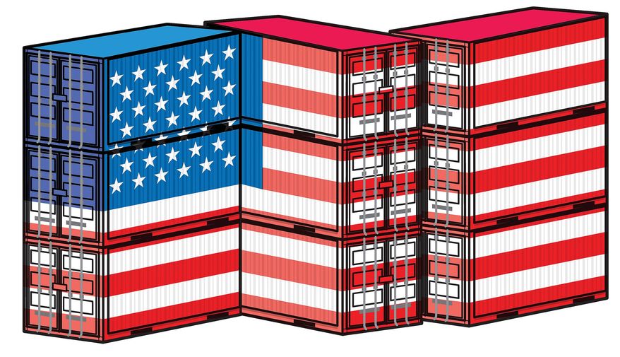 Illustration on the promotion of U.S. trade by Linas Garsys/The Washington Times
