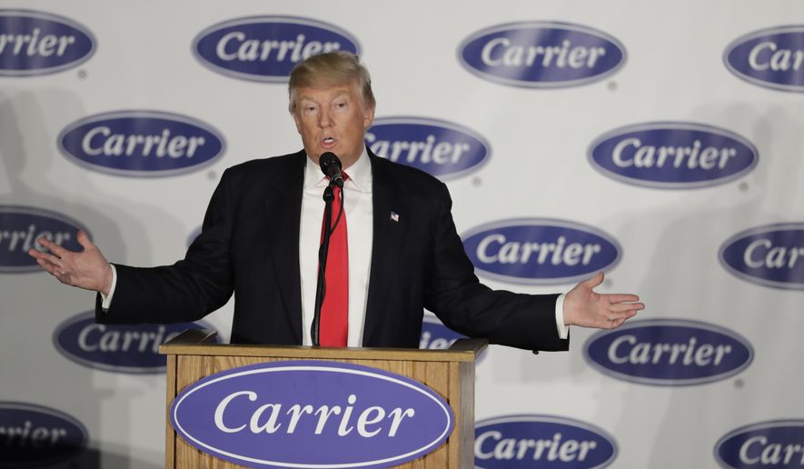 President-elect Donald Trump speaks at Carrier Corp. on Thursday, Dec. 1, 2016, in Indianapolis. (AP Photo/Darron Cummings) ** FILE **