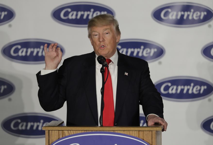 President-elect Donald Trump speaks at Carrier Corp Thursday, Dec. 1, 2016, in Indianapolis. (AP Photo/Darron Cummings)
