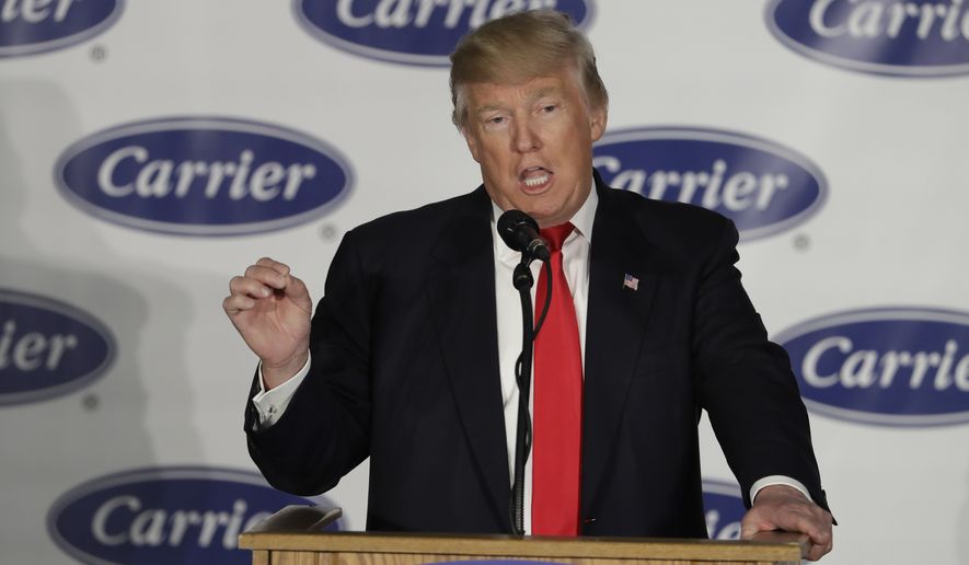 President-elect Donald Trump speaks at Carrier Corp Thursday, Dec. 1, 2016, in Indianapolis. (AP Photo/Darron Cummings)