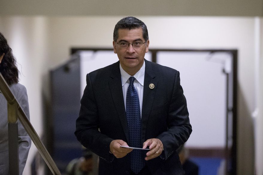 FILE - In this May 11, 2016 file photo Democratic Caucus Chairman Xavier Becerra, D-Calif., arrives for a news conference in Washington. California Gov. Jerry Brown named Becerra to replace Attorney General Kamala Harris, Thursday, Dec. 1, 2016. Becerra's nomination is subject to confirmation by the state Assembly and Senate. It will be officially submitted after Harris, who was elected to the U.S. Senate last month, resigns. (AP Photo/Andrew Harnik, File)