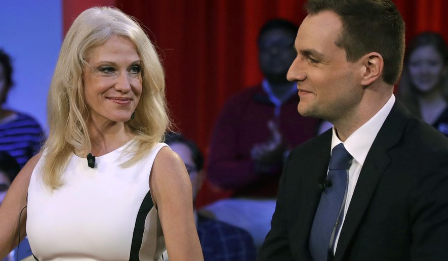 Kellyanne Conway, Trump-Pence campaign manager, left, looks towards Robby Mook, Clinton-Kaine campaign manager, prior to a forum at Harvard University&#39;s Kennedy School of Government in Cambridge, Mass., Thursday, Dec. 1, 2016. (AP Photo/Charles Krupa)