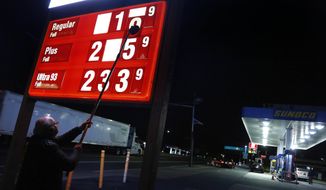 In this Tuesday, Nov. 1, 2016, file photo, Leon Balagula changes the price for the gasoline at his Sunoco station in the early morning, in Fort Lee, N.J. (AP Photo/Seth Wenig, File)