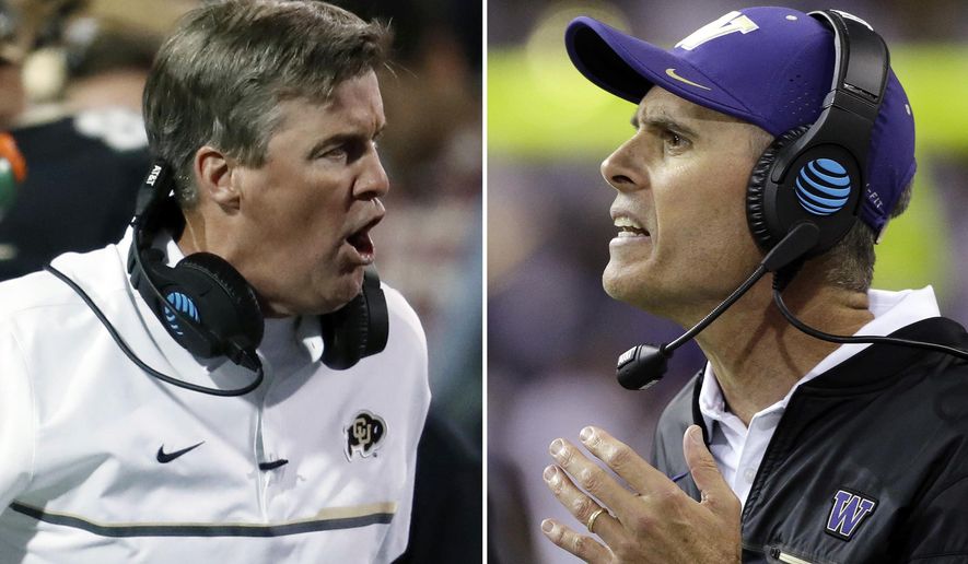 FILE - At left, in a Nov. 3, 2016, file photo, Colorado coach Mike MacIntyre argues a call during the first half of the team&#39;s NCAA college football game against UCLA in Boulder, Colo. At right, in an Oct. 22, 2016, file photo, Washington head coach Chris Petersen directs his team against Oregon State in an NCAA college football game in Seattle. Colorado and Washington play in the Pac-12 championship game Friday night in Santa Clara, Calif. (AP Photo/File)