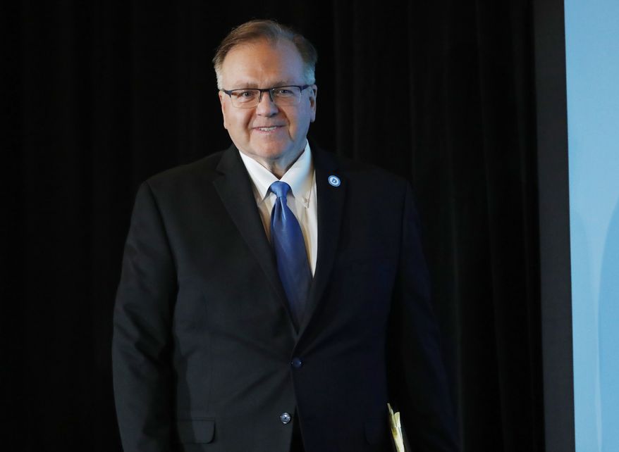 Ray Buckley, chair of the New Hampshire Democratic Party, takes the stage to address a forum on the future of the Democratic Party, featuring candidates running to be the the next chair of the Democratic National committee, on Friday, Dec. 2, 2016, in Denver. The candidates spoke during the Association of State Democratic Chairs session. (AP Photo/David Zalubowski)