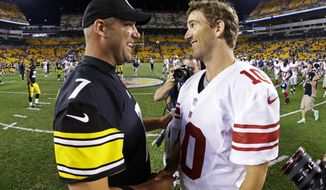 FILE - In this Aug. 10, 2013, file photo, Pittsburgh Steelers quarterback Ben Roethlisberger (7) and New York Giants quarterback Eli Manning (10) shake hands after an NFL preseason football game in Pittsburgh. Roethlisberger and Manning are inextricably linked. Taken 11 picks apart in the 2004 NFL Draft, the two quarterbacks have spent the last dozen years watching each other from afar, using the other’s success as a measuring stick of their own accomplishments. The Giants visit the Pittsburgh Steelers on Sunday. (AP Photo/Gene J. Puskar, File)