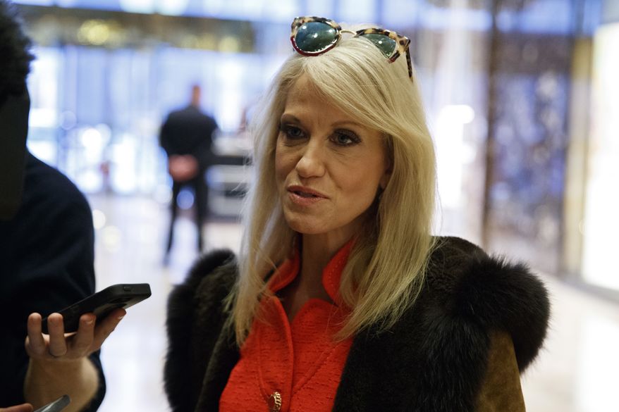 Kellyanne Conway, campaign manager for President-elect Donald Trump, talks to reporters at Trump Tower, Sunday, Dec. 4, 2016, in New York. (AP Photo/Evan Vucci)