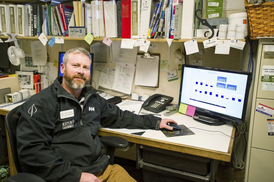 ADVANCE FOR USE SATURDAY, DEC. 3 - In this Wednesday, Nov. 23, 2016 photo, Aspen Skiing Company's management co-director Brad Hardman poses in his office in Aspen, Colo., Hardman he has helped to reduce potable water use by hundreds of thousands of gallons at the company's four ski resorts. The skiing company's model for water conservation at on-mountain facilities could help the town of Aspen, Colo., avoid the construction of dams in the future. (Anna Stonehouse/The Aspen Times via AP)