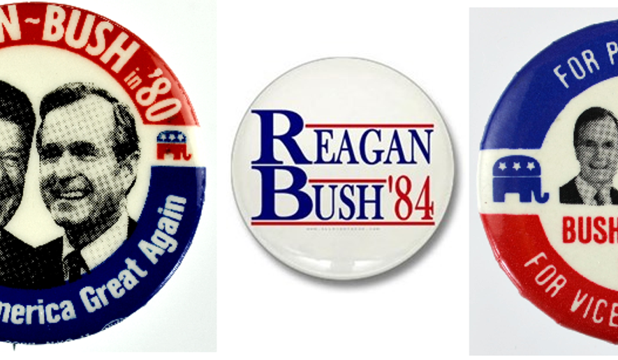 GOP campaign buttons from 1980, 1984, and 1988. Images from the common domain.
