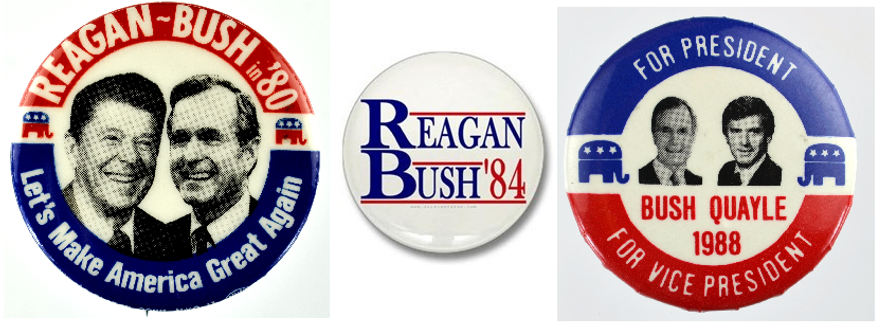 GOP campaign buttons from 1980, 1984, and 1988. Images from the common domain.