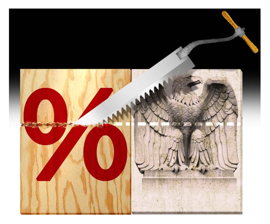 Illustration on matching tax cuts with cuts in government spending by Alexander Hunter/The Washington Times