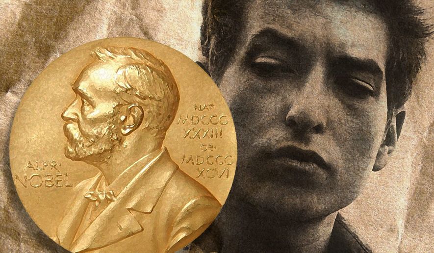 Illustration on Bob Dylan's being awarded the Nobel Prize for literature by Alexander Hunter/The Washington Times