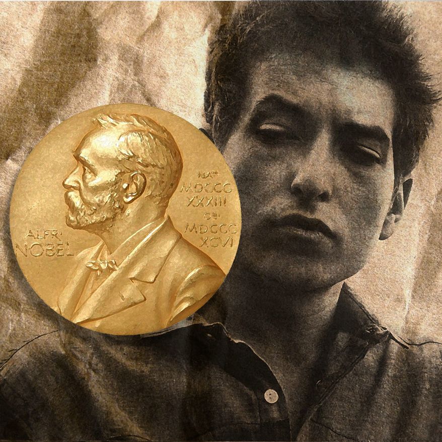 Illustration on Bob Dylan's being awarded the Nobel Prize for literature by Alexander Hunter/The Washington Times