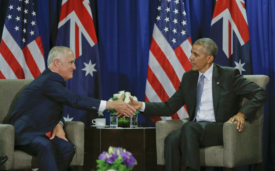 U.S. President Barack Obama shakes hands with Australia&#39;s Prime Minister Malcolm Turnbull during their meeting at the Asia-Pacific Economic Cooperation (APEC), in Lima, Peru, Sunday, Nov. 20, 2016. (AP Photo/Pablo Martinez Monsivais)