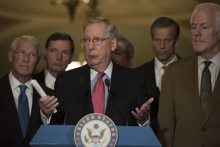 Senate Majority Leader Mitch McConnell of Ky. speaks to the media after the Republican policy luncheon on Capitol Hill in Washington, Tuesday, Dec. 6, 2016. From left are, Sen. Roger Wicker, R-Miss., Sen. John Barrasso, R-Wyo., McConnell, Sen. Roy Blunt, R-Mo., Sen. John Thune, R-S.D., and Senate Majority Whip John Cornyn of Texas. (AP Photo/Sait Serkan Gurbuz) **FILE**
