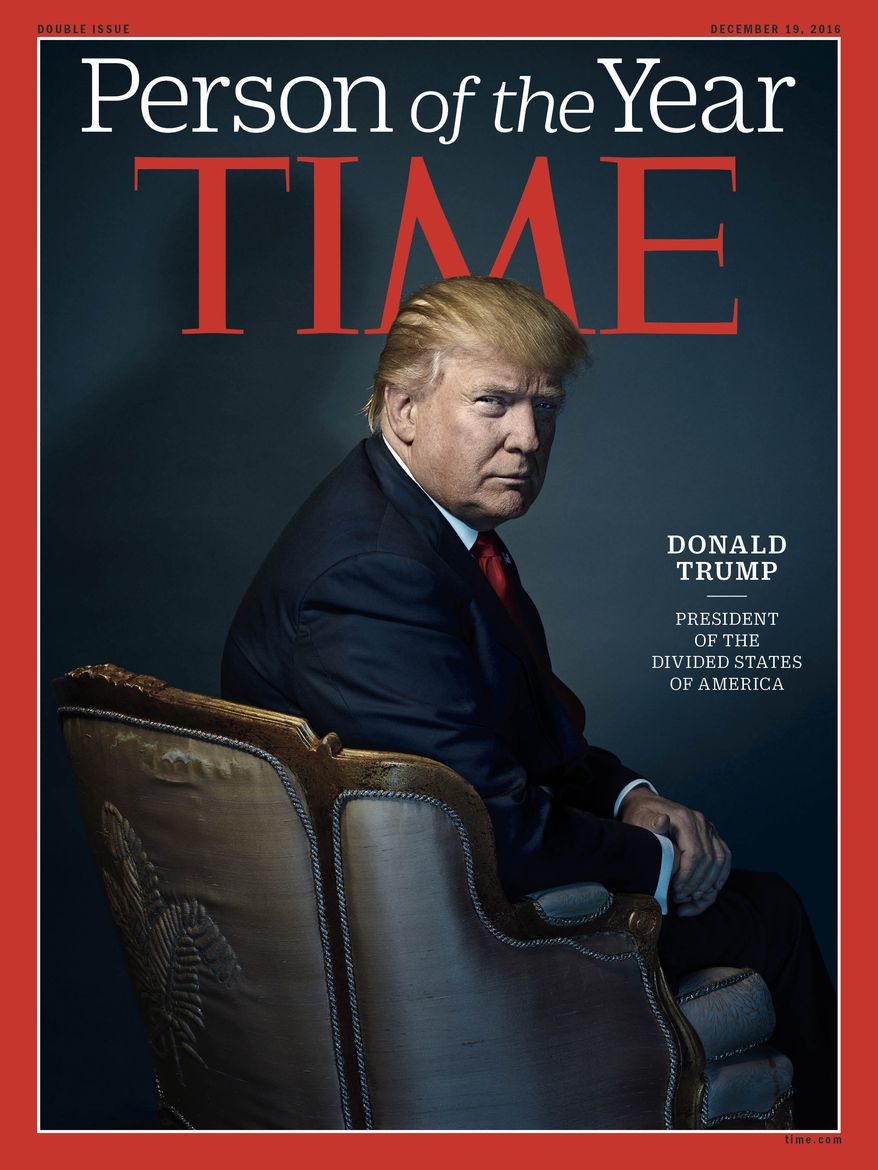 This image provided by Time magazine, shows the cover of the magazine's Person of the Year edition with President-elect Donald Trump in New York. Time editor Nancy Gibbs said the publications choice was a straightforward choice of the person who has had the greatest influence on events "for better or worse." (Nadav Kander for Time Magazine via AP)