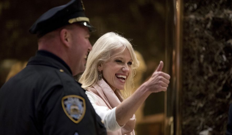 Kellyanne Conway, campaign manager for President-elect Donald Trump gives a thumbs up as she arrives at Trump Tower, Wednesday, Dec. 7, 2016, in New York. (AP Photo/Andrew Harnik) ** FILE **