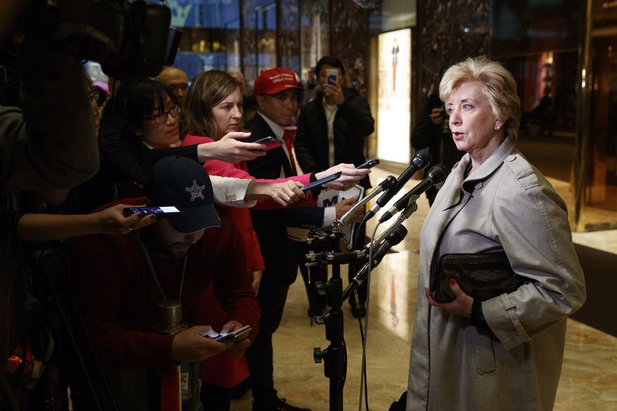 FILE - In this Nov. 30, 2016 file photo, Linda McMahon talks with reporters after a meeting with President-elect Donald Trump at Trump Tower in New York. President-elect Donald Trump will nominate wrestling executive Linda McMahon to serve as administrator of the Small Business Administration, a Cabinet-level position. (AP Photo/Evan Vucci, File)