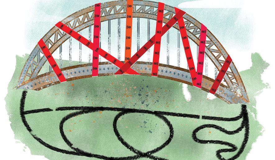 Illustration on government regulatory obstacles to infrastructure construction by Linas Garsys/The Washington Times
