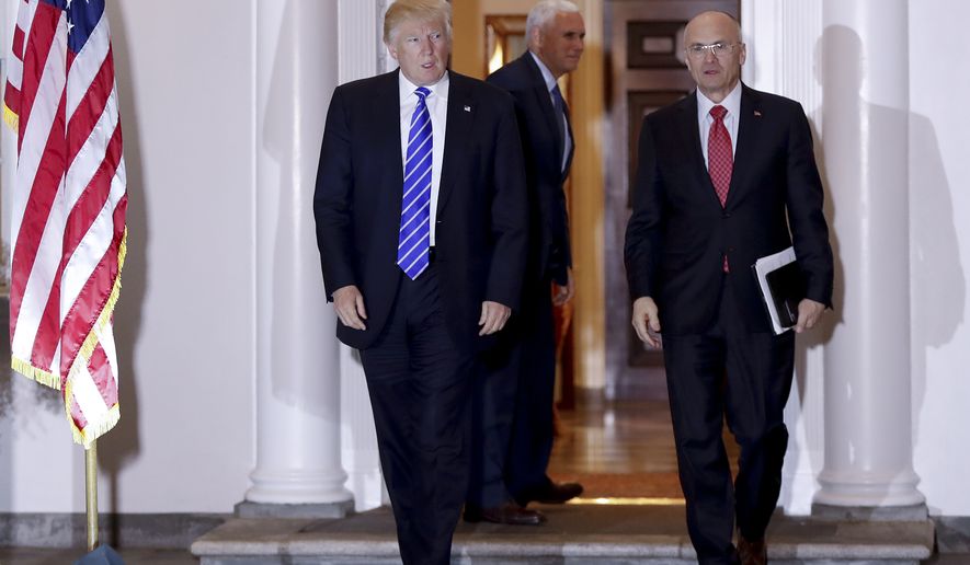 FILE - In this Nov. 19, 2016 file photo, President-elect Donald Trump walks with CKE Restaurants CEO Andy Puzder from Trump National Golf Club Bedminster clubhouse in Bedminster, N.J. Trump is expected to add another wealthy business person and elite donor to his Cabinet, with fast food executive Andrew Puzder as Labor secretary. In the background is Vice President-elect Mike Pence. (AP Photo/Carolyn Kaster)