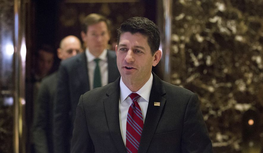 House Speaker Paul Ryan of Wis., addresses the press in the lobby of Trump Tower after his meeting with President-elect Donald Trump, Friday, Dec. 9, 2016, in New York. (AP Photo/Kevin Hagen)