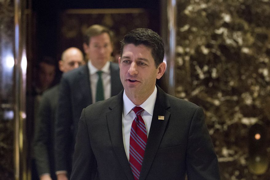 House Speaker Paul Ryan of Wis., addresses the press in the lobby of Trump Tower after his meeting with President-elect Donald Trump, Friday, Dec. 9, 2016, in New York. (AP Photo/Kevin Hagen)