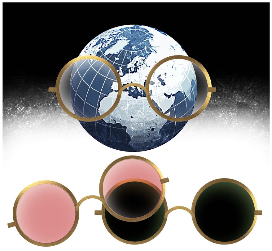 Illustration on Trump's view of the world situation by Alexander Hunter/The Washington Times