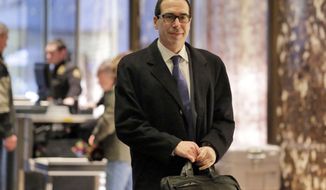 Steven Mnuchin arrives in Trump Tower, in New York, Monday, Dec. 12, 2016, in this file photo. Mr. Mnuchin is President-elect Donald Trump&#39;s pick to head up the Treasury Department. (AP Photo/Richard Drew)