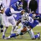 Dallas Cowboys wide receiver Dez Bryant (88) fumbles the ball during the second half of an NFL football game as New York Giants&#39; Janoris Jenkins (20) and Keenan Robinson (57) defend Sunday, Dec. 11, 2016, in East Rutherford, N.J. (AP Photo/Seth Wenig)