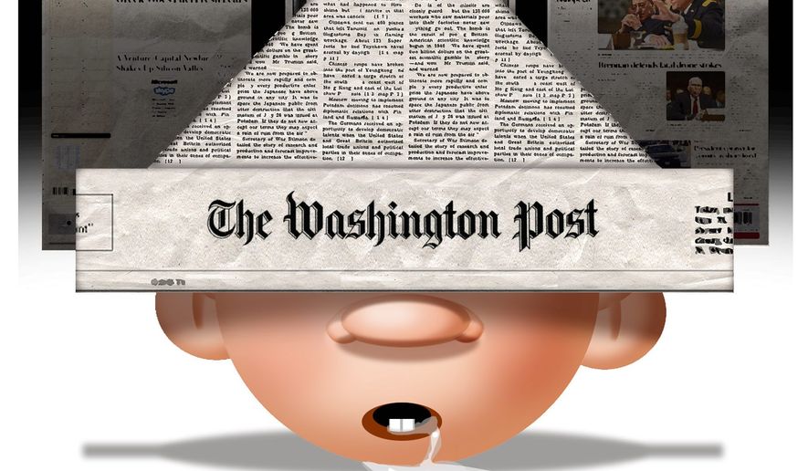 Illustration on the denial of liberal media by Alexander Hunter/The Washington Times