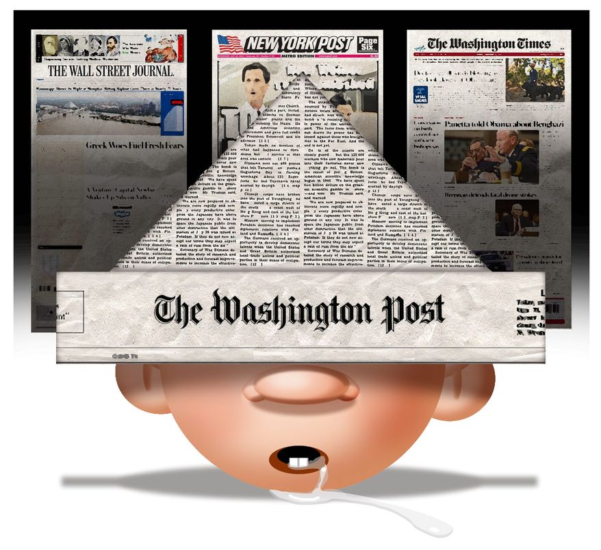 Illustration on the denial of liberal media by Alexander Hunter/The Washington Times