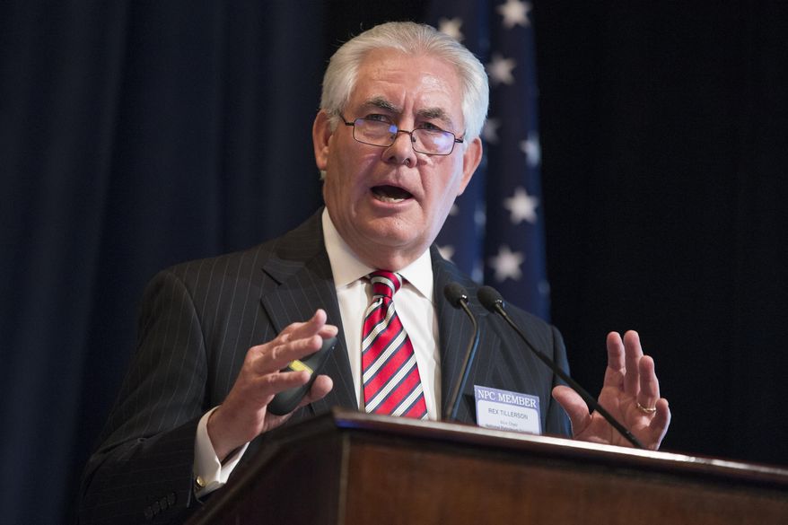 In this Friday, March 27, 2015, file photo, ExxonMobil CEO Rex Tillerson delivers remarks on the release of a report by the National Petroleum Council on oil drilling in the Arctic, in Washington. President-elect Donald Trump selected Tillerson to lead the State Department on Monday, Dec. 12, 2016. (AP Photo/Evan Vucci, File)