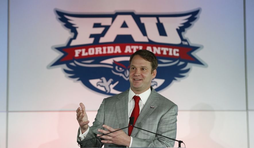 Lane Kiffin gestures as he speaks after being introduced as the new Florida Atlantic head football coach, Tuesday, Dec. 13, 2016, in Boca Raton, Fla. The school announced the move on Twitter on Tuesday, a day after Alabama coach Nick Saban said his offensive coordinator was leaving to take over the Owls. It&#39;s the fourth opportunity for Kiffin to be a head coach, after an NFL stint with the Oakland Raiders and college ones at Tennessee and USC. (AP Photo/Wilfredo Lee)