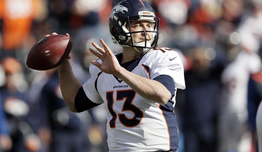 FILE - In this Dec. 11, 2016, file photo, Denver Broncos quarterback Trevor Siemian passes against the Tennessee Titans in the first half of an NFL football game, in Nashville, Tenn. Brady-Siemian. It doesn&#39;t have the same ring to it as Brady-Manning. Still, Siemian is providing the Broncos with better numbers than Peyton Manning or Brock Osweiler did last year when Denver swept Tom Brady and the New England Patriots on their way to winning Super Bowl 50. (AP Photo/James Kenney, File)