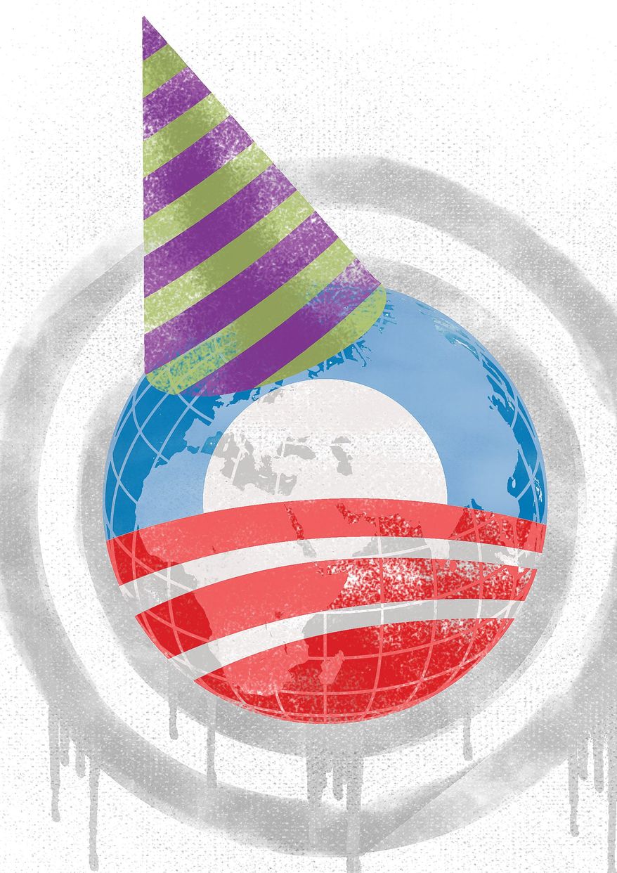 Illustration on Obama's history of faulty foreign policy by Linas Garsys/The Washington Times