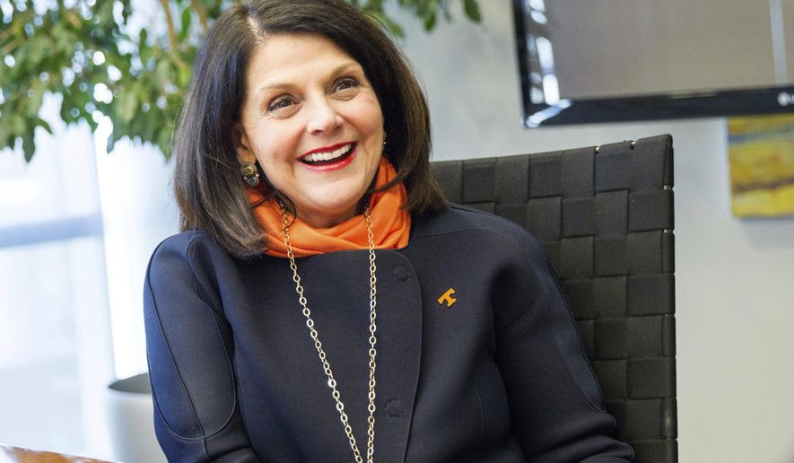 Incoming University of Tennessee-Knoxville Chancellor Beverly Davenport speaks to reporters on Thursday, Dec. 15, 2016, in Nashville, Tenn., after the Board of Trustees unanimously voted to approve her appointment to head the state's flagship public university. (AP Photo/Erik Schelzig)