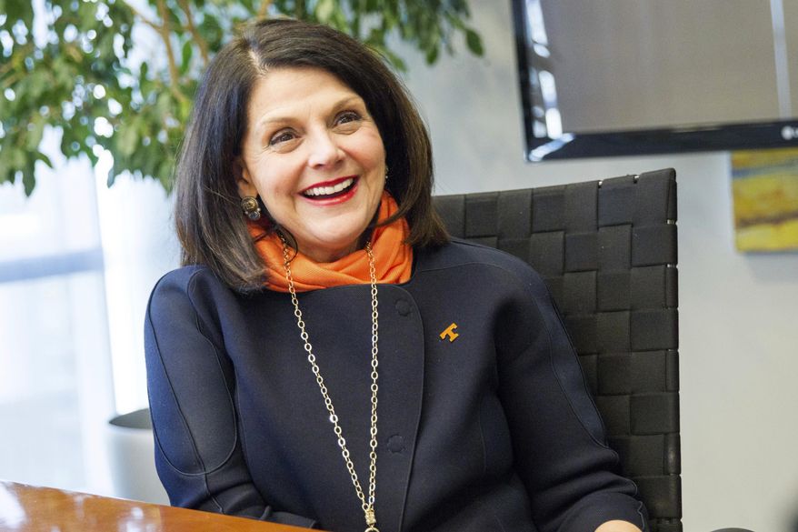 Incoming University of Tennessee-Knoxville Chancellor Beverly Davenport speaks to reporters on Thursday, Dec. 15, 2016, in Nashville, Tenn., after the Board of Trustees unanimously voted to approve her appointment to head the state's flagship public university. (AP Photo/Erik Schelzig)
