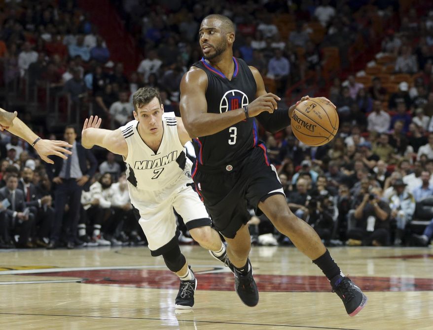 Los Angeles Clippers guard Chris Paul (3) moves the ball down the court as Miami Heat guard Goran Dragic defends during the first half of an NBA basketball game against the Miami Heat, Friday, Dec. 16, 2016, in Miami. (AP Photo/Lynne Sladky)