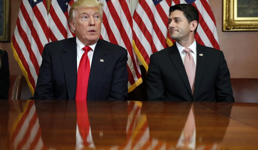 FILE - In this Nov. 10, 2016 file photo, President-elect Donald Trump and House Speaker Paul Ryan of Wis., pose for photographers after a meeting in the Speaker&#39;s office on Capitol Hill in Washington. President-elect Donald Trump’s relationship with House Speaker Paul Ryan, once rocky, smooth for now, is just the latest in a series of recent pairings between the White House occupant and the speaker. They are often the most important and defining relationships in a presidency.  (AP Photo/Alex Brandon)