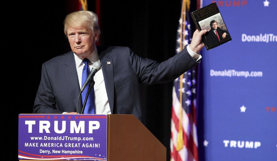 FILE - In this Aug. 19, 2015 file photo, Republican presidential candidate Donald Trump holds up a copy of his 1987 book, &amp;quot;Trump: The Art of the Deal&amp;quot; during his campaign town hall event at Pinkerton Academy in Derry, N.H. Trump&#39;s first book is a memoir/manifesto dedicated to a life of big-time negotiating.  (AP Photo/Mary Schwalm, File)