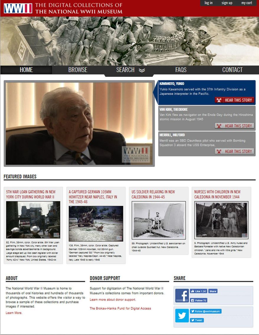 This screenshot provided by the National World War II Museum shows the home page of the National World War II Museum's new online archive project, in New Orleans, Friday, Dec. 16, 2016. Executives at the museum say creating a vast online collection of 9,000 existing oral and written histories will take longer than the war was fought: 10 years and $11 million dollars. The task is enormous: thousands of hours of audio and video must be handled and millions of words transcribed. (National World War II Museum via AP)