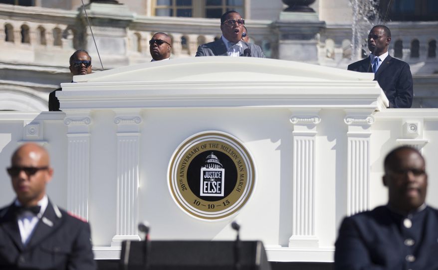 In this Saturday, Oct. 10, 2015 photo, Nation of Islam leader Louis Farrakhan speaks during a rally to mark the 20th anniversary of the Million Man March, on Capitol Hill in Washington. Farrakhan said black men and women should forsake foul language and violence against each other and that if things don't change in the black community, participating in the 20th anniversary of the Million Man March is just "vanity." (AP Photo/Evan Vucci)