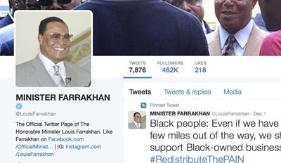 This Dec. 14, 2016 image shows part of the Twitter page of Minister Louis Farrakhan, head of the Nation of Islam. After a presidential campaign that emboldened white identity politics, the Nation of Islam, a black separatist religious movement, is positioning itself as newly relevant. (AP Photo)