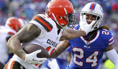 Cleveland Browns wide receiver Terrelle Pryor (11) applies a stiff arm on Buffalo Bills cornerback Stephon Gilmore (24)during the first half of an NFL football game, Sunday, Dec. 18, 2016, in Orchard Park, N.Y. (AP Photo/Bill Wippert)