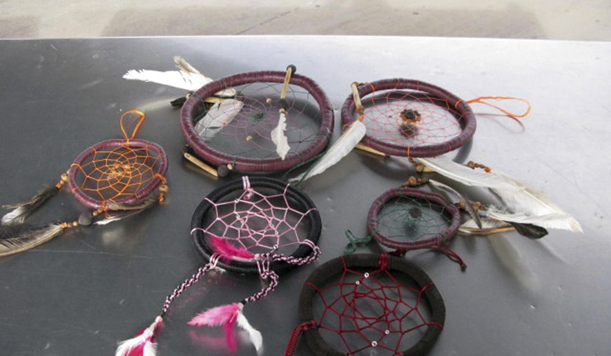 This Sunday, Dec. 18, 2016 photo provided by the U.S. Customs and Border Protection shows dreamcatchers filled with liquid methamphetamine seized by U.S. border agents in Columbus, N.M. A woman is facing charges after a drug-sniffing dog alerted customs officers. (U.S. Customs and Border Protection via AP)
