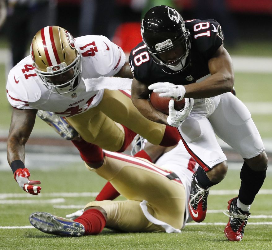 Atlanta Falcons wide receiver Taylor Gabriel (18) runs against San Francisco 49ers strong safety Antoine Bethea (41) during the first half of an NFL football game, Sunday, Dec. 18, 2016, in Atlanta. (AP Photo/John Bazemore)